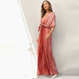 Rust Plunging Neck Knot Front Tie Wide Leg Jumpsuits