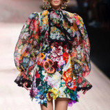 Bowknot Flare Long Sleeve Patchwork Lace Print Tops