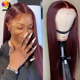 Peruvian Straight Hair 13X1 Lace Front Wig Human Hair Wigs 99J Red Burgundy Pre-Plucked 180% Remy Human Hair Deep Part Wigs