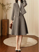 Winter set short woolen jacket and high waist plaid skirt