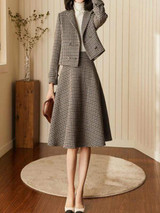 Winter set short woolen jacket and high waist plaid skirt