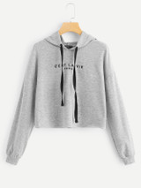 Drop Shoulder Drawstring Hoodie Crop Sweatshirt