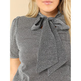 Tie Neck Puff Sleeve Glitter Top