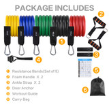 Resistance Bands Set, 5 Stackable Tube Exercise Bands with 2 Handles, 1 Door Anchor, 2 Ankle Straps, 1 Carrying Bag for Your Whole Body Resistance Workouts Training