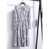 Women Casual Autumn Dress Lady Korean Style Vintage Floral Printed Chiffon Shirt Dress Winter Long Sleeve Bow Midi Dress Vestido
