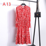Women Casual Autumn Dress Lady Korean Style Vintage Floral Printed Chiffon Shirt Dress Winter Long Sleeve Bow Midi Dress Vestido