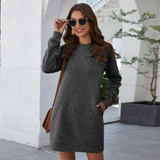 Dress Women Sweatshirt Autumn Winter Long Sleeve Plue Size O-Neck Warm Loose Solid Color Pocket Women's Dresses 2020 Fashion New