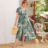 SHEIN Plus Size Surplice Neck Self Belted Dip Hem Tropical Print Dress Women Summer a Line High Waist Boho Long Dresses