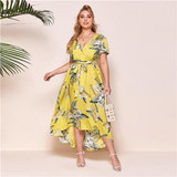 SHEIN Plus Size Surplice Neck Self Belted Dip Hem Tropical Print Dress Women Summer a Line High Waist Boho Long Dresses