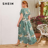 SHEIN Plus Size Surplice Neck Self Belted Dip Hem Tropical Print Dress Women Summer a Line High Waist Boho Long Dresses
