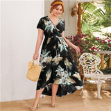 SHEIN Plus Size Surplice Neck Self Belted Dip Hem Tropical Print Dress Women Summer a Line High Waist Boho Long Dresses