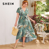 SHEIN Plus Size Surplice Neck Self Belted Dip Hem Tropical Print Dress Women Summer a Line High Waist Boho Long Dresses