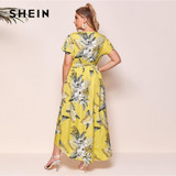SHEIN Plus Size Surplice Neck Self Belted Dip Hem Tropical Print Dress Women Summer a Line High Waist Boho Long Dresses