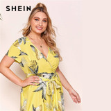 SHEIN Plus Size Surplice Neck Self Belted Dip Hem Tropical Print Dress Women Summer a Line High Waist Boho Long Dresses