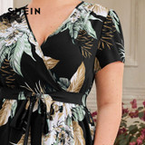 SHEIN Plus Size Surplice Neck Self Belted Dip Hem Tropical Print Dress Women Summer a Line High Waist Boho Long Dresses