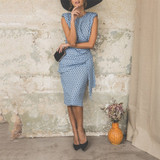 QRWR Summer Vintage Women Dress 2020 Dot Sleeveless Sheath Bodycon Sexy Party Dress Female Knee Length Elegant Midi Dress Women