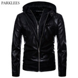 Black Hooded Leather Jacket Men Fake Two Pieces Zipper Male Leather Jackets and Coat Casual Mens Motorcycle Pu Leather Jackets