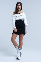 Black Skirt With Elastic Side Detail and White Stripes