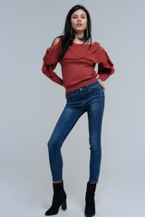 Sweater With Off the Shoulder Detail and Ruffle Detail in Rust