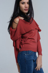 Sweater With Off the Shoulder Detail and Ruffle Detail in Rust