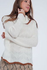 Cream Detail Knitted Sweater With Cowl Neck