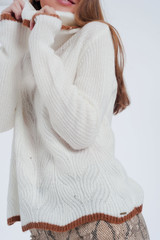 Cream Detail Knitted Sweater With Cowl Neck