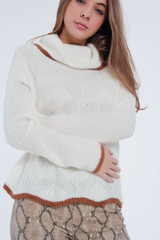 Cream Detail Knitted Sweater With Cowl Neck