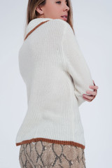 Cream Detail Knitted Sweater With Cowl Neck
