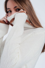 Cream Detail Knitted Sweater With Cowl Neck