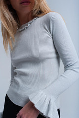 Silver Shiny Sweater With Ruffle