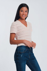 Pink Textured Crochet Knit Sweater