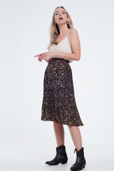 Pleated Print Midi Skirt Brown