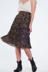 Pleated Print Midi Skirt Brown