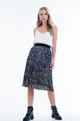Pleated Print Midi Skirt in Black