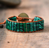 Malaya Malachite Leather Wrap Boho Bracelet