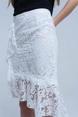 White Lace and Ruffle Midi Skirt