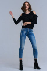 Black Sweater With Ruffle Detail at Front