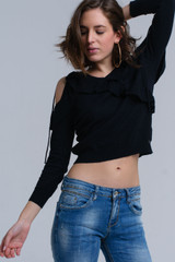 Black Sweater With Ruffle Detail at Front