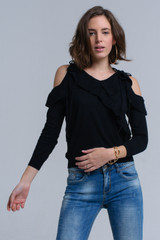 Black Sweater With Ruffle Detail at Front