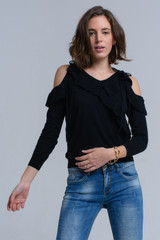 Black Sweater With Ruffle Detail at Front