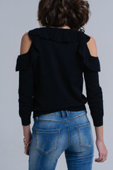Black Sweater With Ruffle Detail at Front