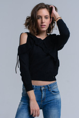 Black Sweater With Ruffle Detail at Front