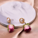 Romantic Natural Rose Drop Earrings Pink Purple Flower