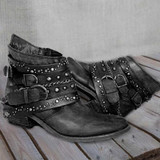 Women Retro Studded Belt Buckle Ankle Boots
