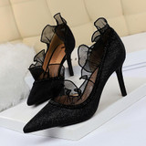 Women Pointed Toe Rhinestone Lace Stiletto Heel
