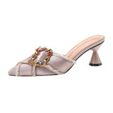 Women Simple Pointed Toe Rhinestone High Heel Slippers