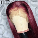 Burgundy Straight 360 Lace Front Human Hair Wigs 99J Colored 150% Peruvian Remy Hair PrePlucked With Baby Hair Bleached Knots