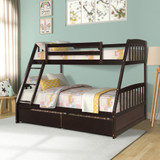 Espresso Solid Wood Twin Over Full Bunk Bed with Two Storage Drawers For Kids