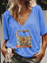 Casual Short Sleeve Cotton-Blend Printed Shirts & Tops