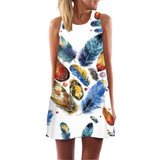 Rose Print Sleeveless Summer Dress O neck Casual Loose Mini Chiffon Dresses